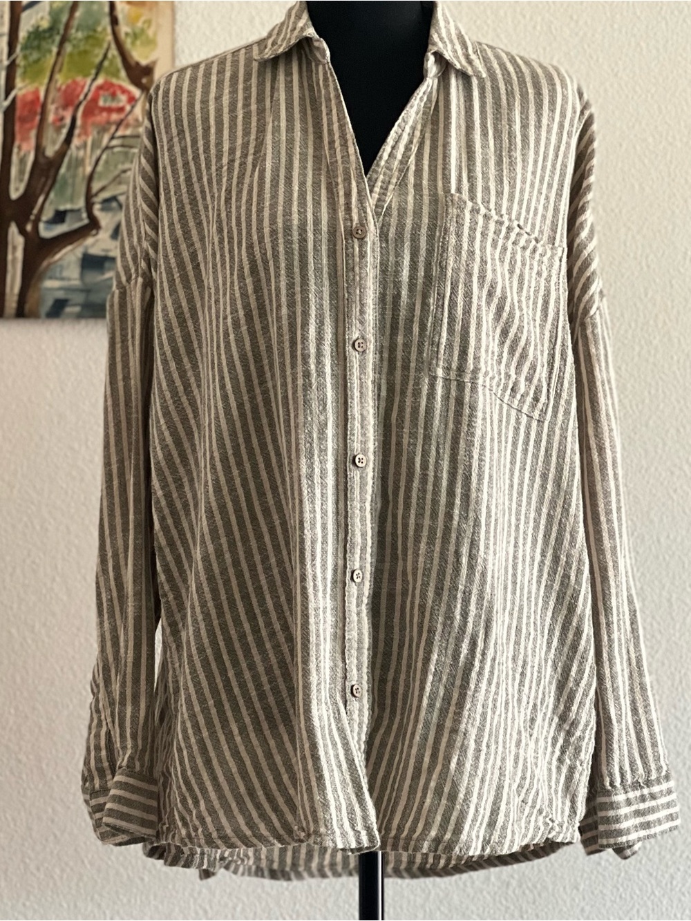 Oversized Cotton On Taupe and White Vertical Stripe Button-Up Shirt, Size XS